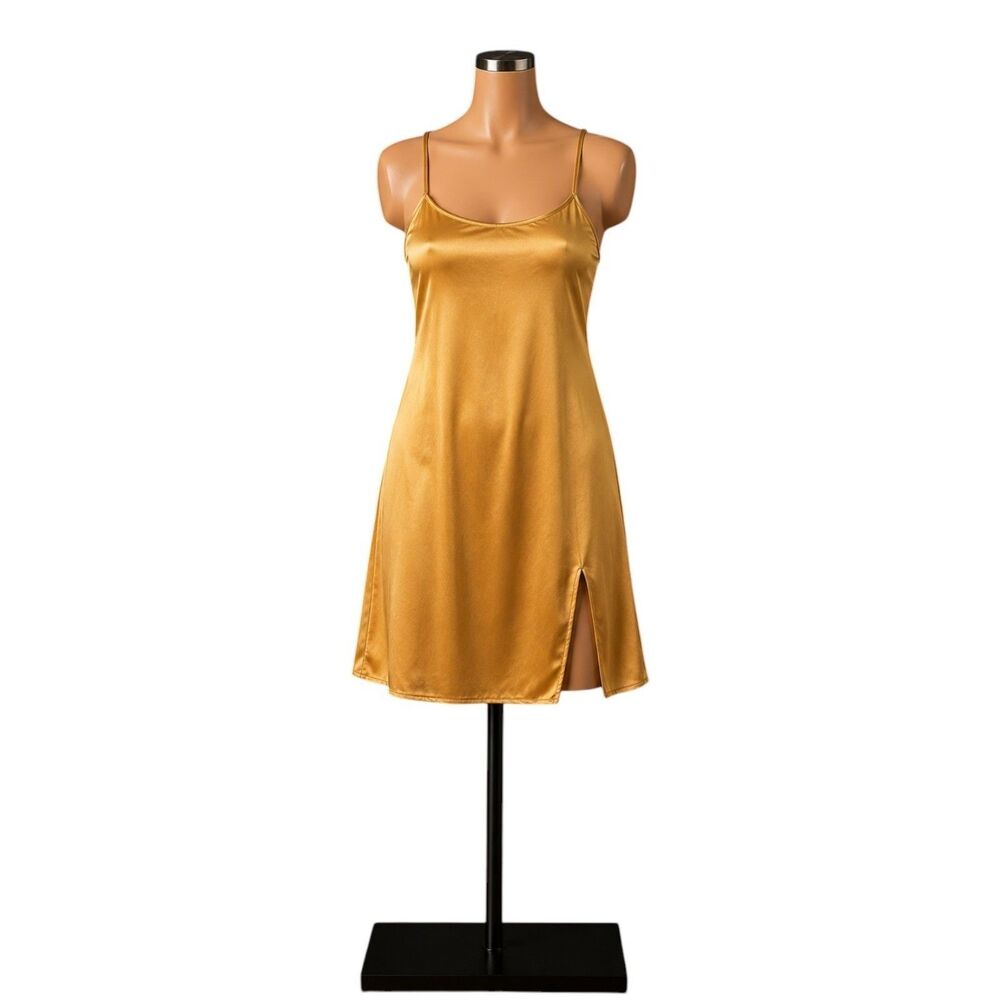 Gold Satin Slip Dress Size Small Sleeveless Side Slit Mini Midi Dress